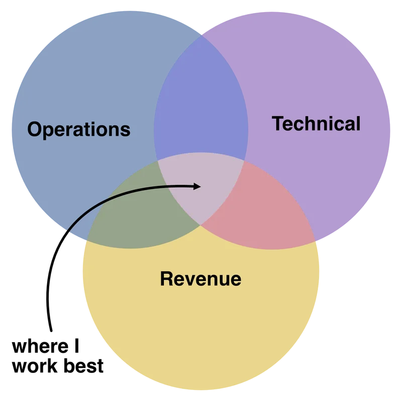 Venn diagram showing my intersection of Operations, Technical, and Revenue expertise